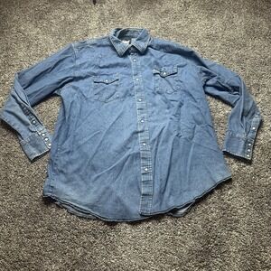Wrangler Shirt‎ Mens 2XLT Tall Blue Denim Western Pearl Snap Long Sleeve